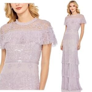 Mac Duggal Purple Embellished Cap Sleeve Ruffle Tiered Gown 14